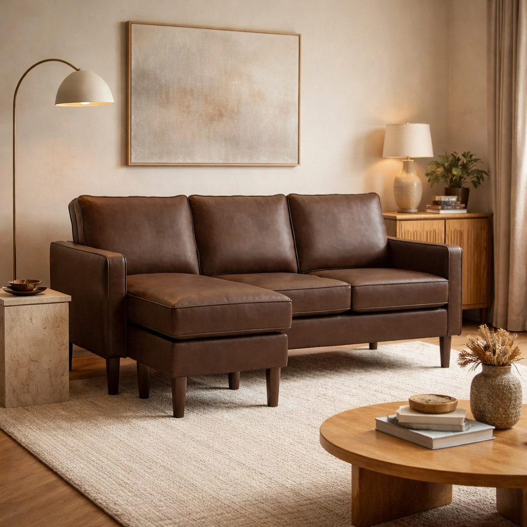 Model 46 - Reversible Chaise Sofa Faux Leather Brown