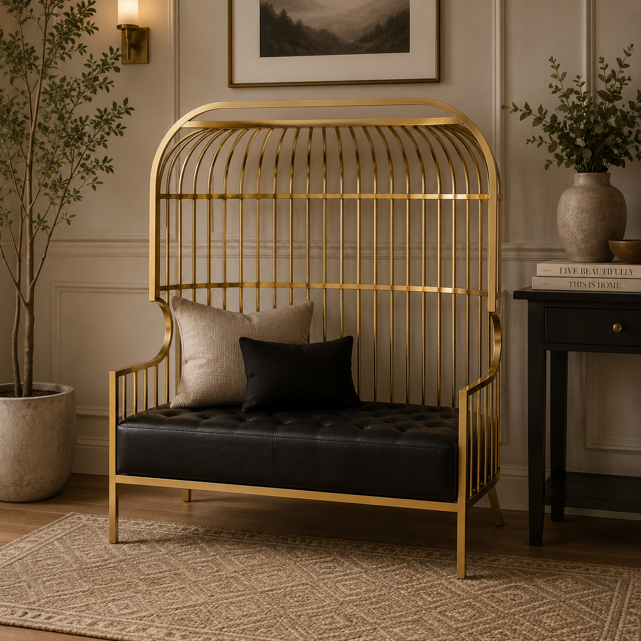 Eliza Two Seat Dome Cage Gold Finish Sofa