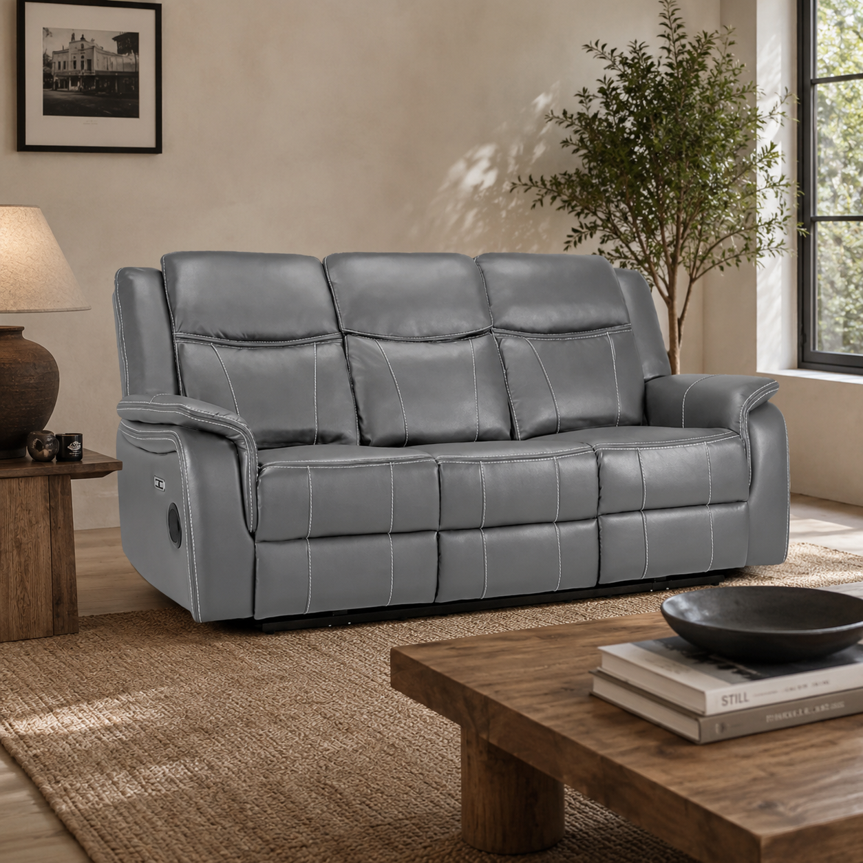 Galaxy Tech Power Reclining 3 Seater Sofa Grey Leather