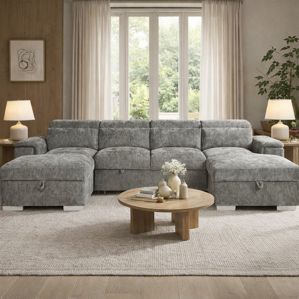 Alaya Large Grey U Shape Sofabed with Storage and Adjustable Headrests Morgan | Malvern | Somerford | Calix | Euphoria | Plush Style