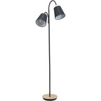 Juna Black Metal and Natural Wood Two Head Floor Lamp
