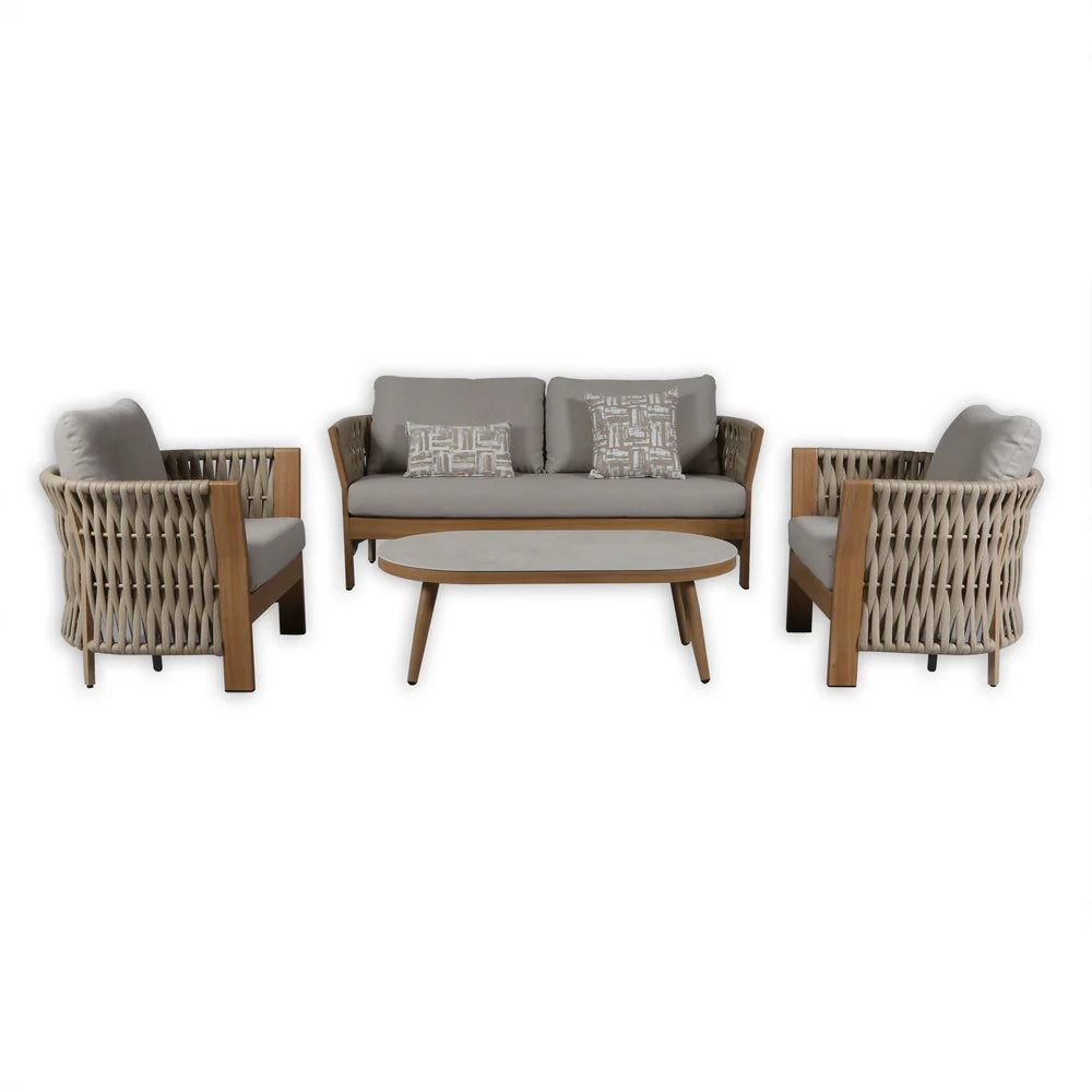 Orion Range Natural Rope & Wood-Effect Aluminium Sofa Set | Premium Outdoor Lounge Furniture