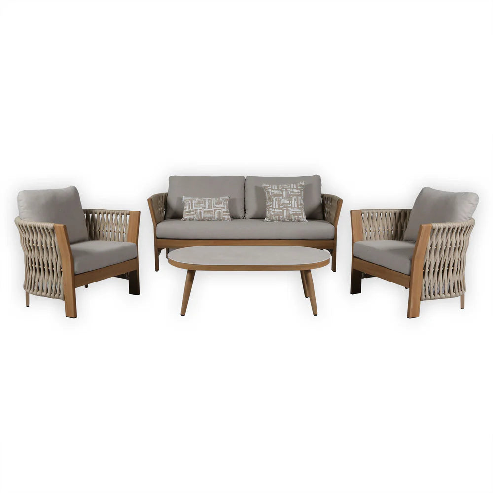Orion Range Natural Rope & Wood-Effect Aluminium Sofa Set | Premium Outdoor Lounge Furniture