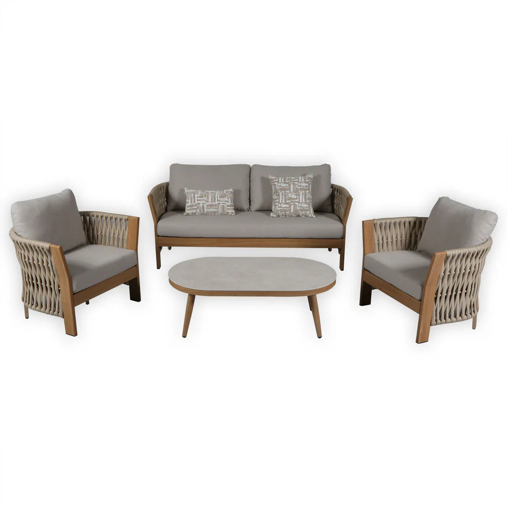 Orion Range Natural Rope & Wood-Effect Aluminium Sofa Set | Premium Outdoor Lounge Furniture