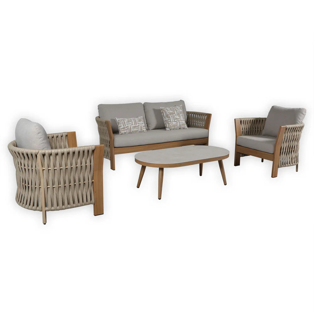 Orion Range Natural Rope & Wood-Effect Aluminium Sofa Set | Premium Outdoor Lounge Furniture