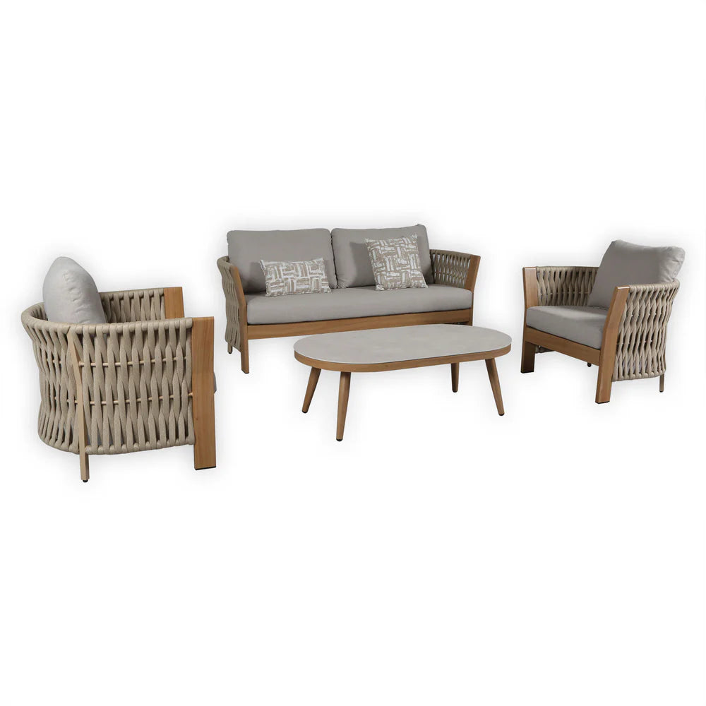 Orion Range Natural Rope & Wood-Effect Aluminium Sofa Set | Premium Outdoor Lounge Furniture