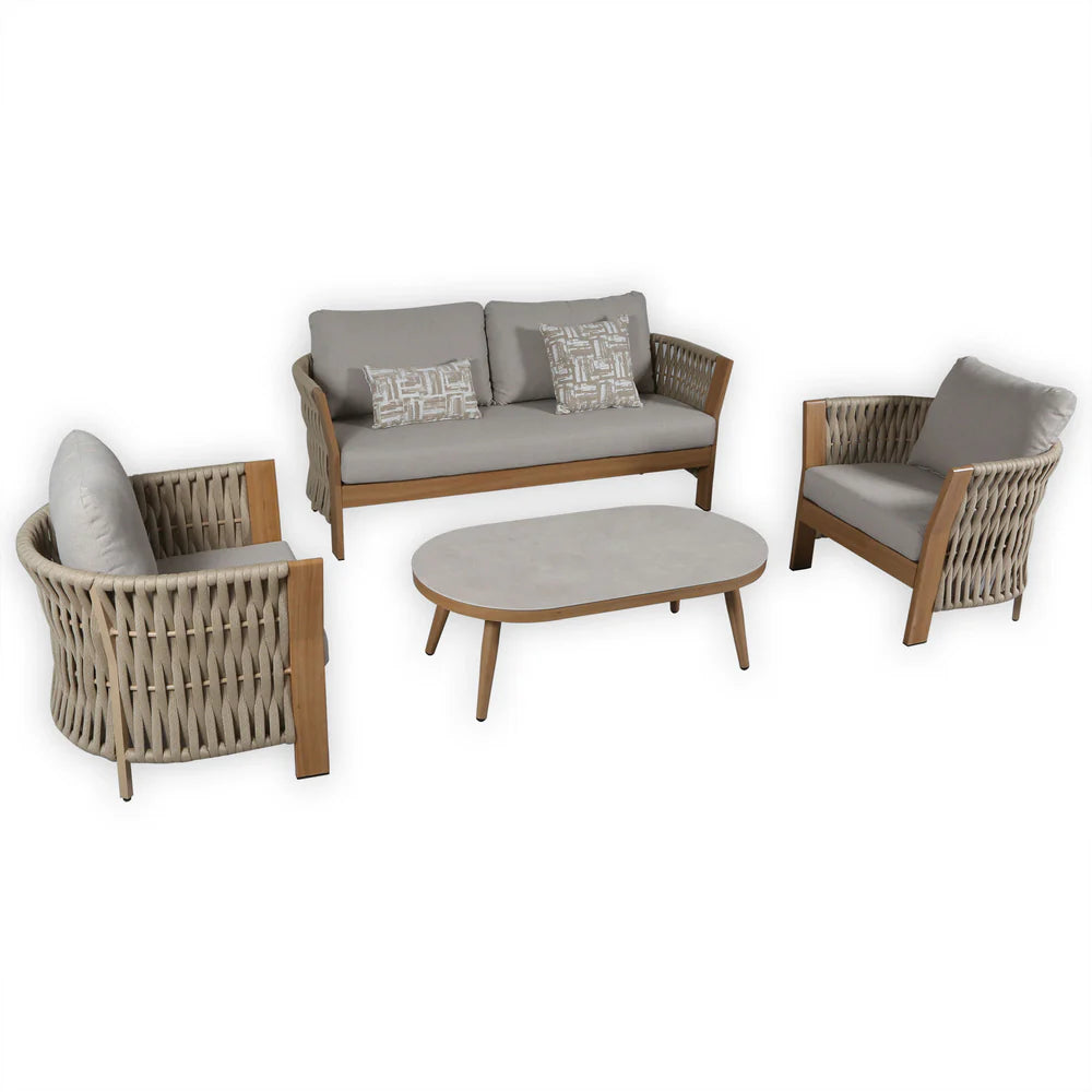 Orion Range Natural Rope & Wood-Effect Aluminium Sofa Set | Premium Outdoor Lounge Furniture