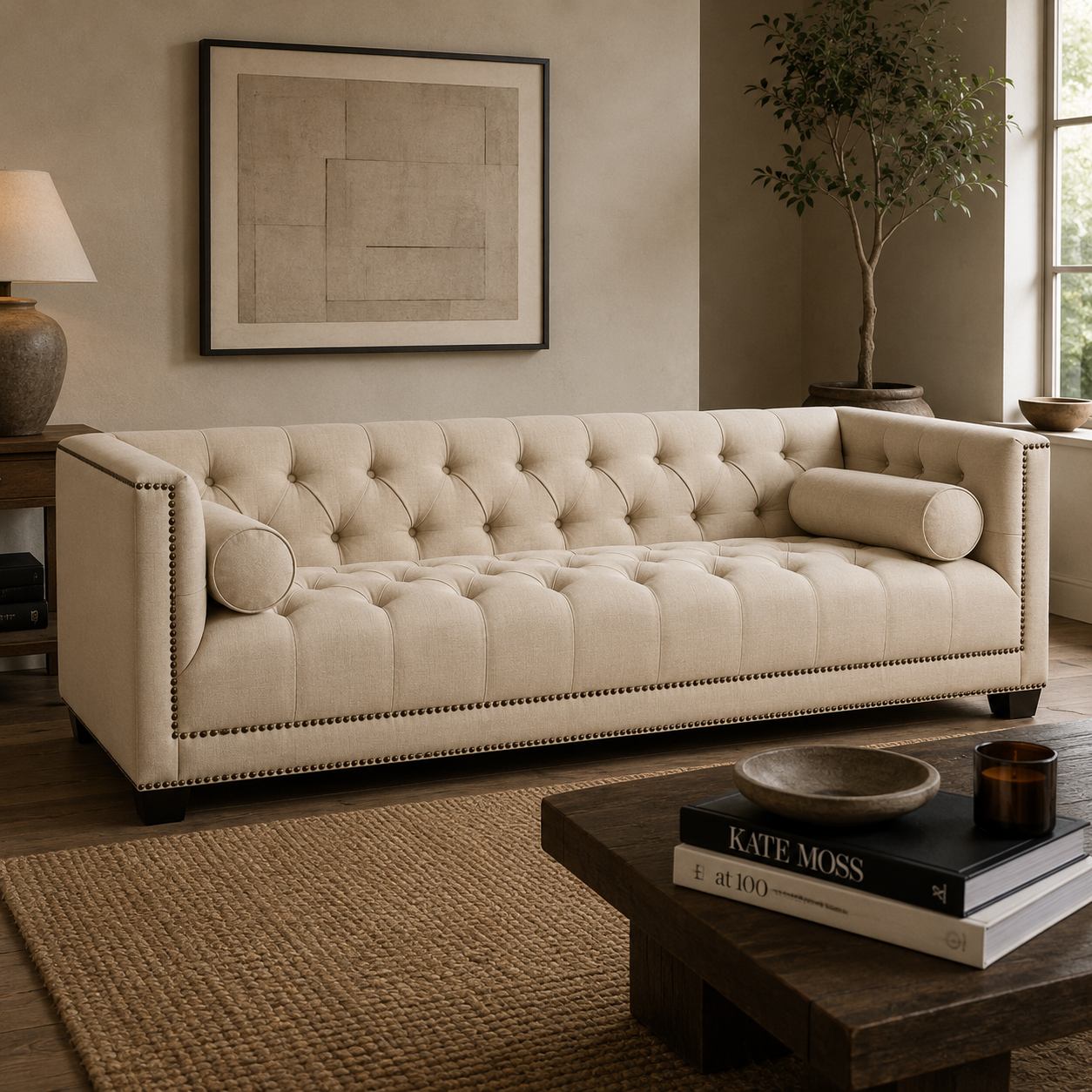 Surina 3 Seat Stone Fabric Sofa
