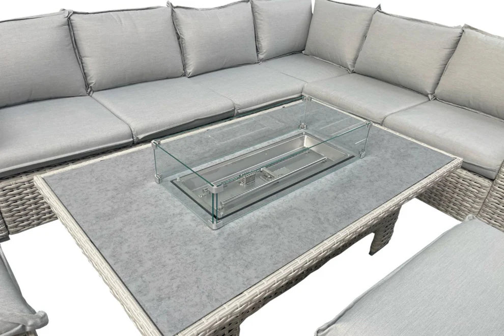 Sorrento Rattan Corner Sofa And Adjustable Fire Pit Table With Large And Small Bench