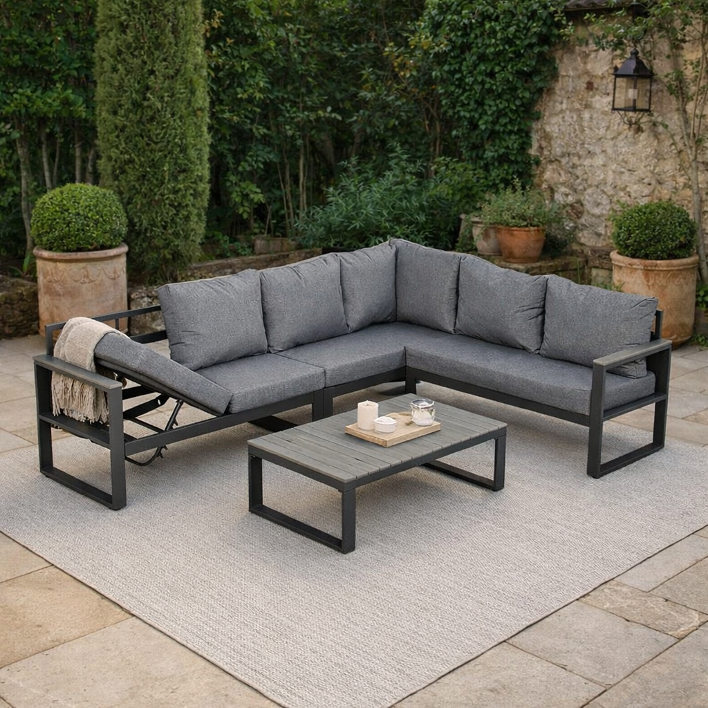 Dune Range RHF Corner Set Charcoal Aluminium Frame With Grey Cushions