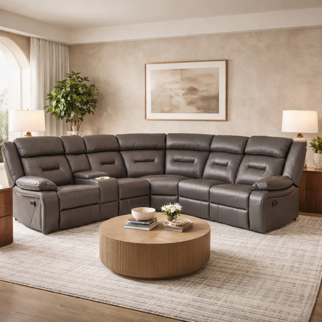 Novie Grey Leather Manual Large Corner Recliner With Console Unit