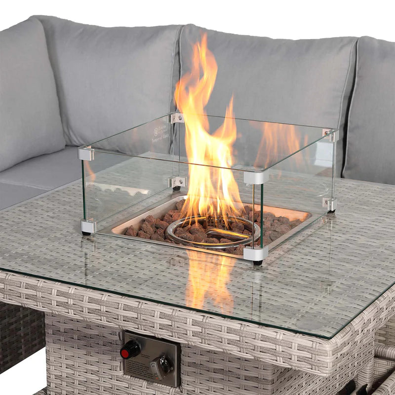 Square Rattan Dining Set with Rising Firepit Table Grey