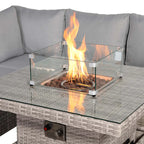 Square Rattan Dining Set with Rising Firepit Table Grey