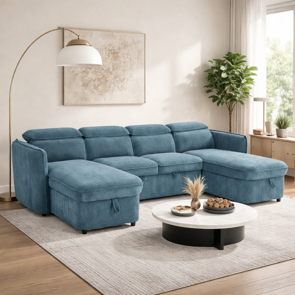 Capri Sofabed U shape Corner Sofa Bed Blue With Adjustable Headrests Morgan | Malvern | Somerford | Calix | Euphoria | Plush Style