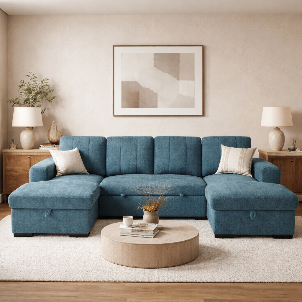 Como U Shape Sofabed With Ottoman Storage Blue Morgan | Malvern | Somerford | Calix | Euphoria | Plush Style