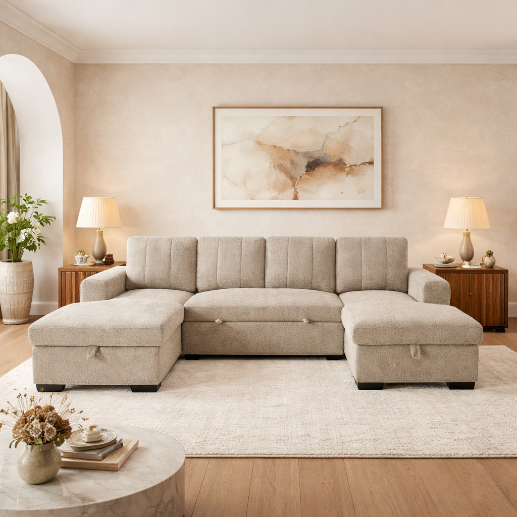 Como U Shape Sofabed With Ottoman Storage Beige Morgan | Malvern | Somerford | Calix | Euphoria | Plush Style