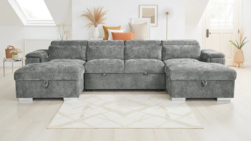 Alaya Large Grey U Shape Sofabed with Storage and Adjustable Headrests