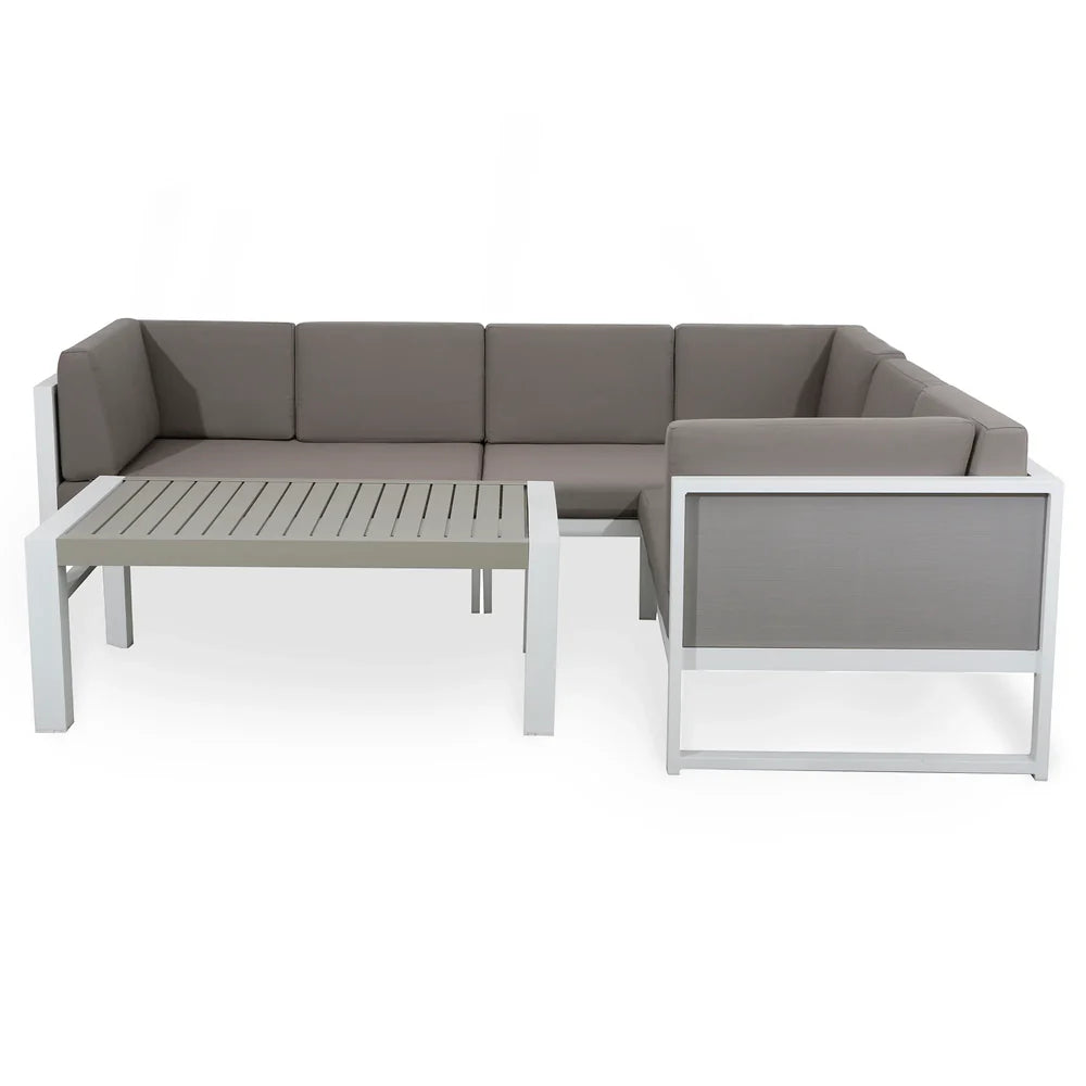 Roma Range Right Hand Corner Sofa Set in white Aluminium Frame with Grey Cushions