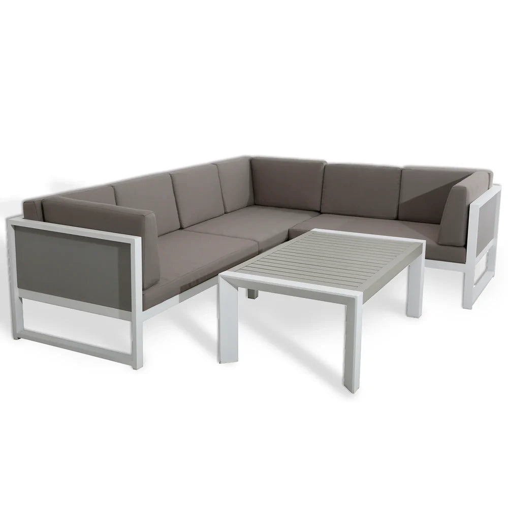 Roma Range Right Hand Corner Sofa Set in white Aluminium Frame with Grey Cushions