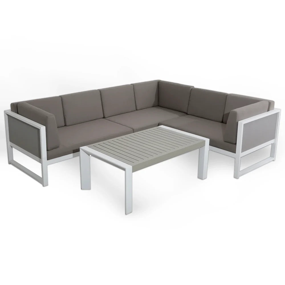 Roma Range Right Hand Corner Sofa Set in white Aluminium Frame with Grey Cushions