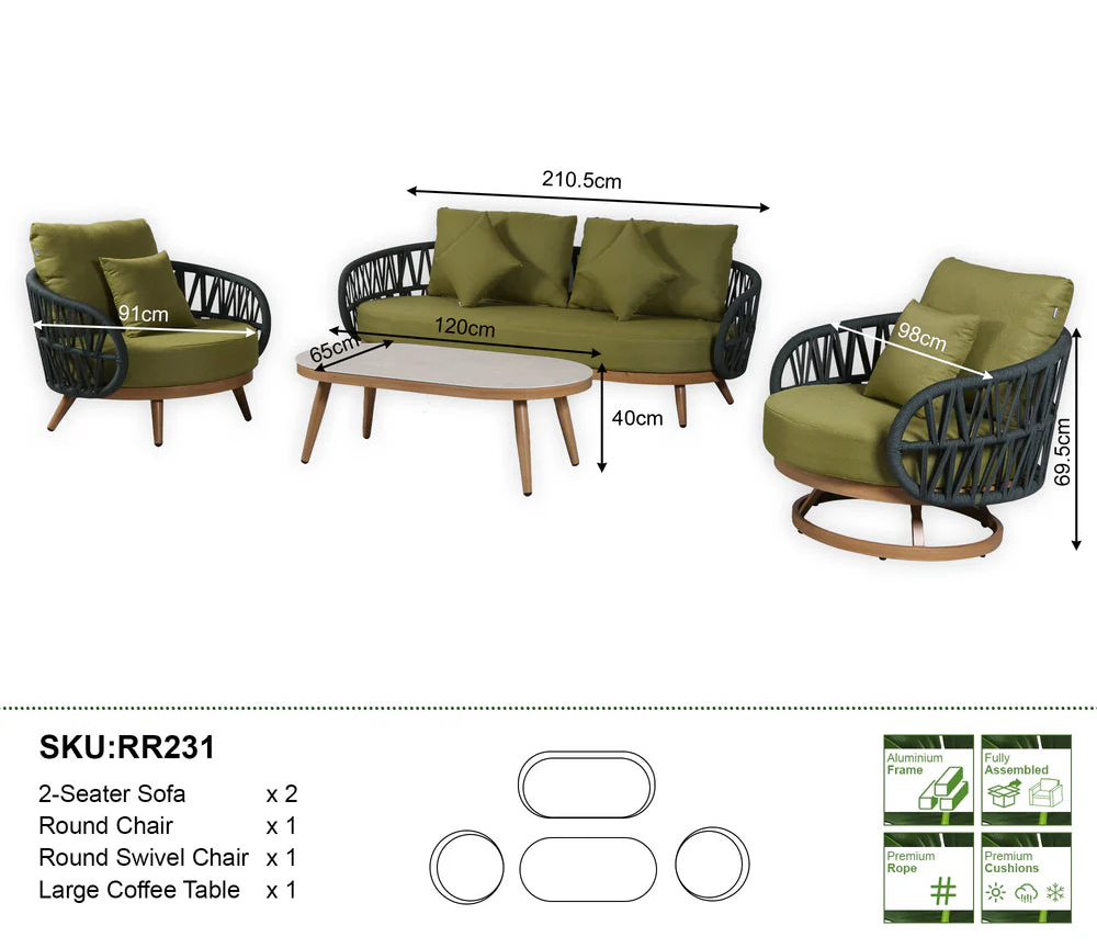 Luna Range Olive Green & Anthracite Rope Sofa Set | Premium Outdoor Lounge Furniture