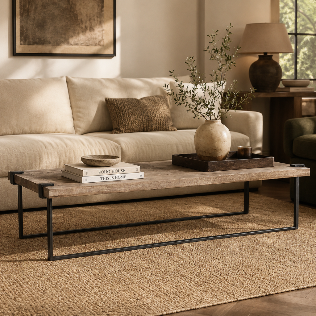 Industrial Wrought Iron Coffee Table with Rustic Wood Top
