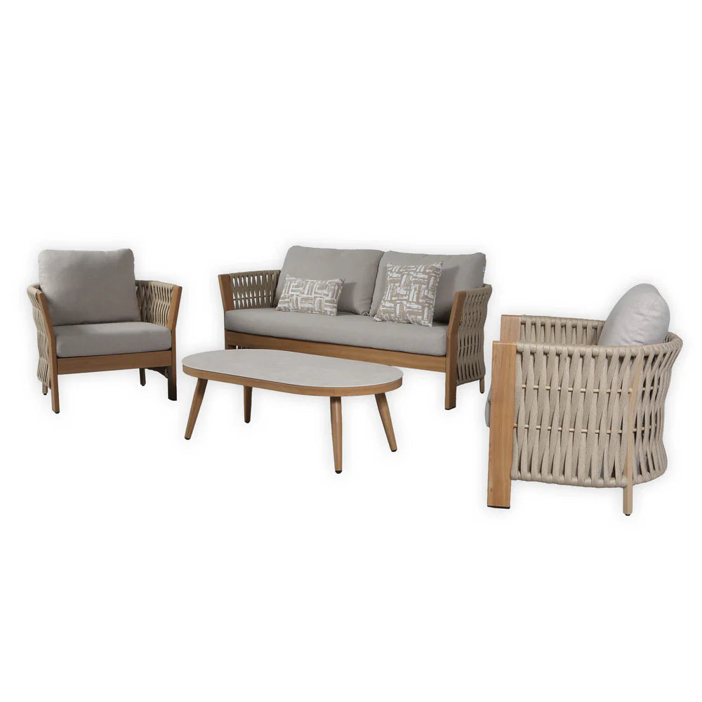 Orion Range Natural Rope & Wood-Effect Aluminium Sofa Set | Premium Outdoor Lounge Furniture