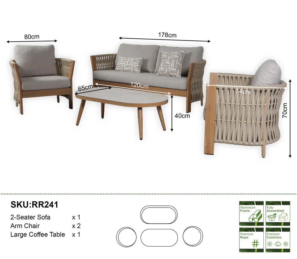 Orion Range Natural Rope & Wood-Effect Aluminium Sofa Set | Premium Outdoor Lounge Furniture