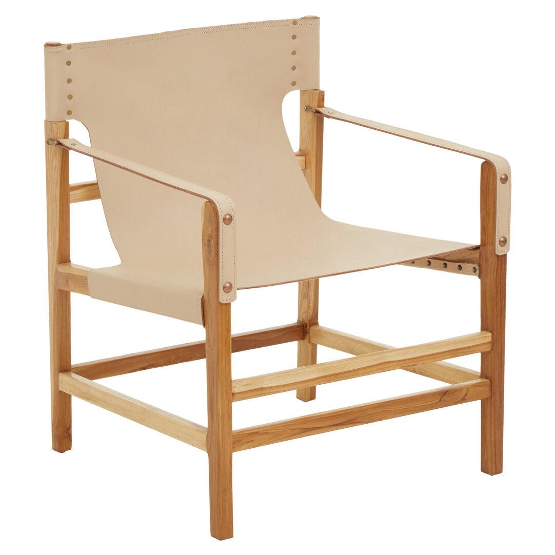 Kendari Cream Leather and Teak Wood Chair