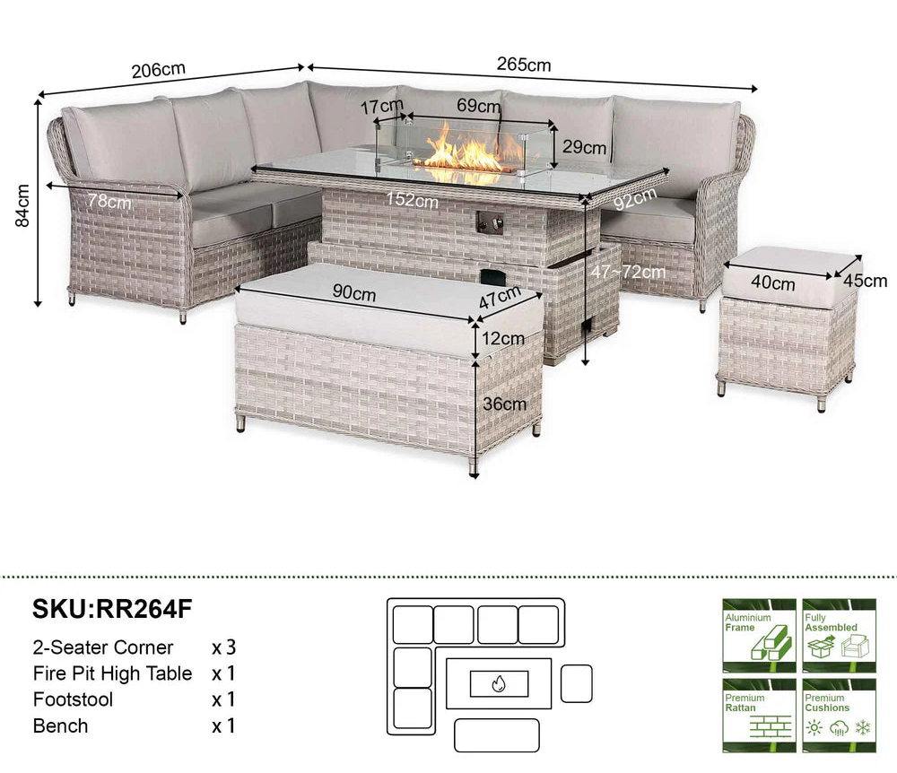 Havana Range High Back Left Hand Corner Sofa Set with Fire Pit Rising Table