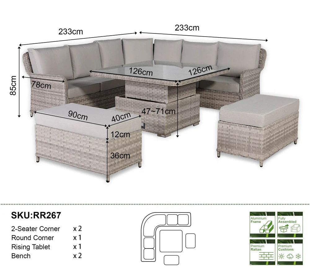Havana Range Round Corner Sofa Set with Rising Table