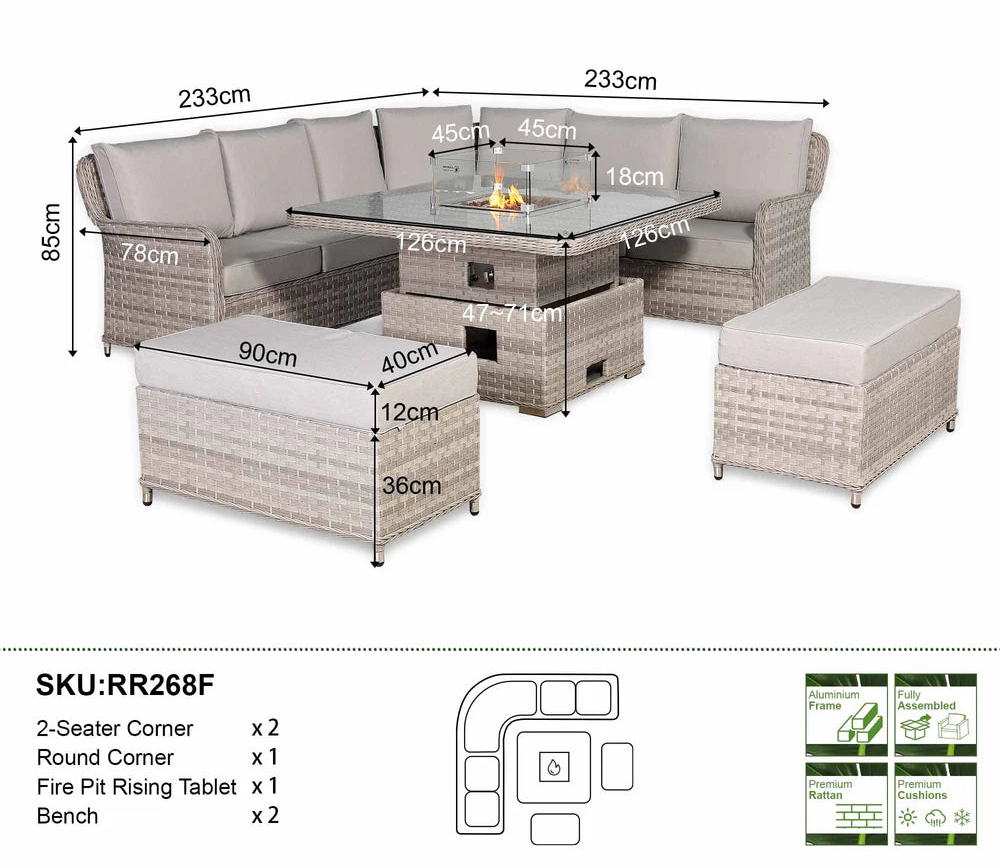 Havana Range Round Corner Sofa Set with Fire Pit Rising Table