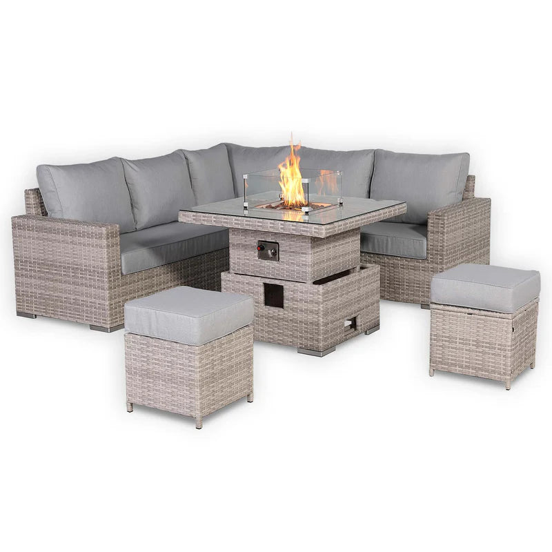 Square Rattan Dining Set with Rising Firepit Table Grey