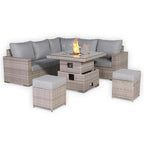 Square Rattan Dining Set with Rising Firepit Table Grey