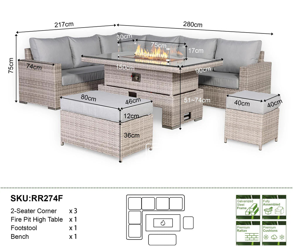 Aurora Range High Back Left Hand Corner Sofa Set with Fire Pit Rising Table