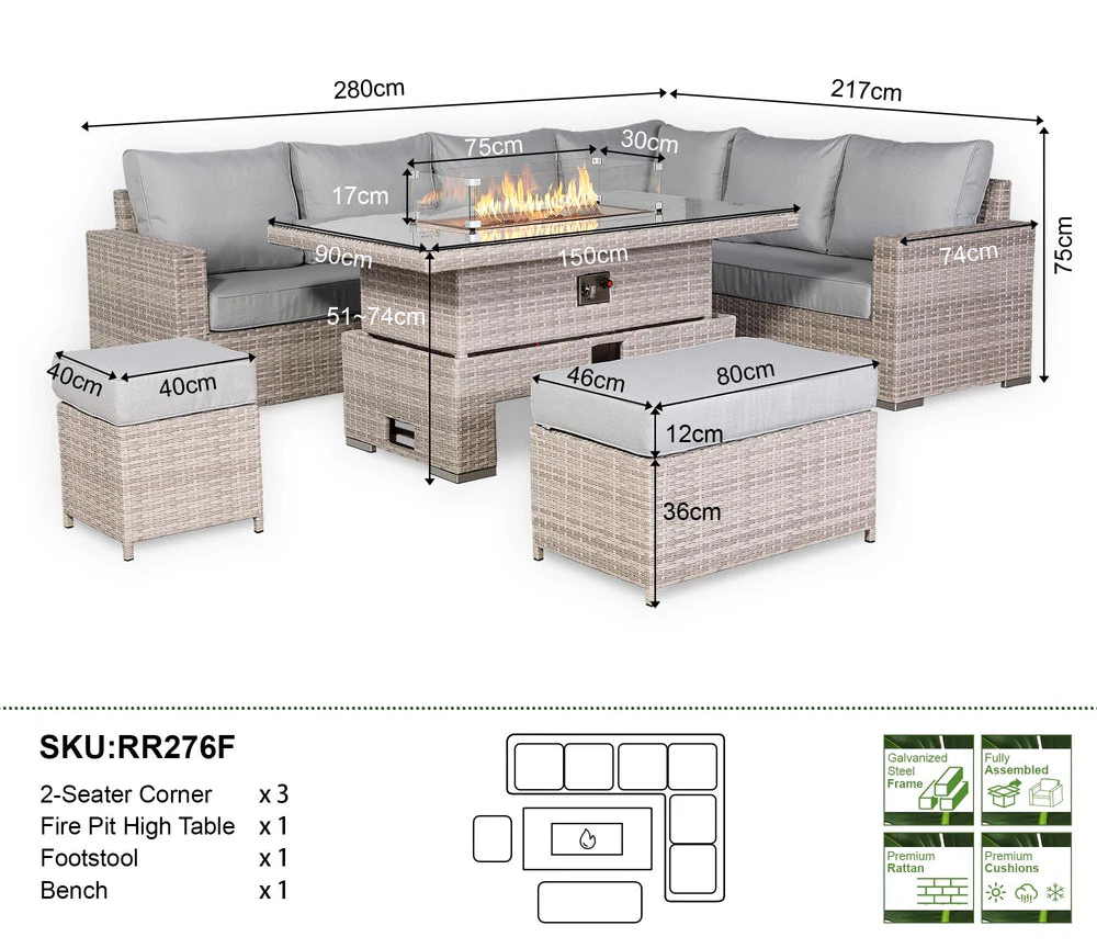Aurora Range High Back Right Hand Corner Sofa Set with Fire Pit Rising Table