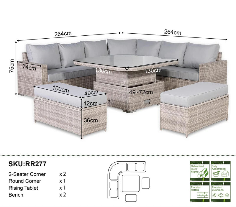 Large Equal Corner Rattan Dining Set with Rising Table Grey