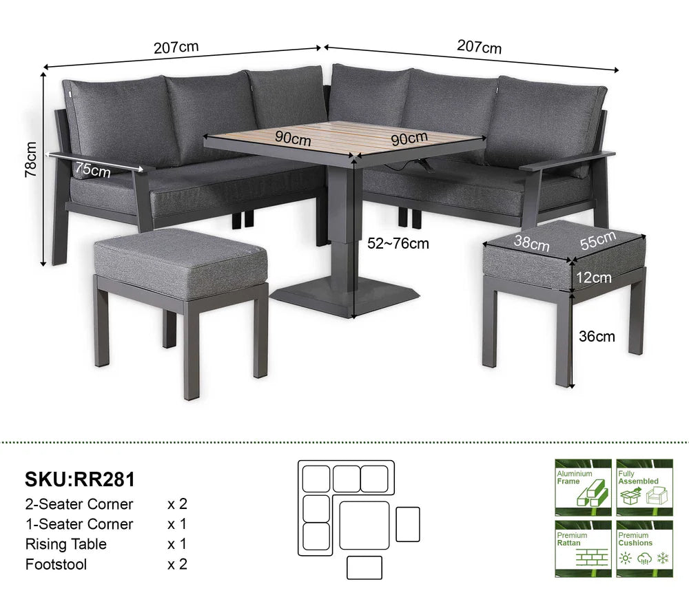 Titan Range Square Corner Sofa Set with Rising Table