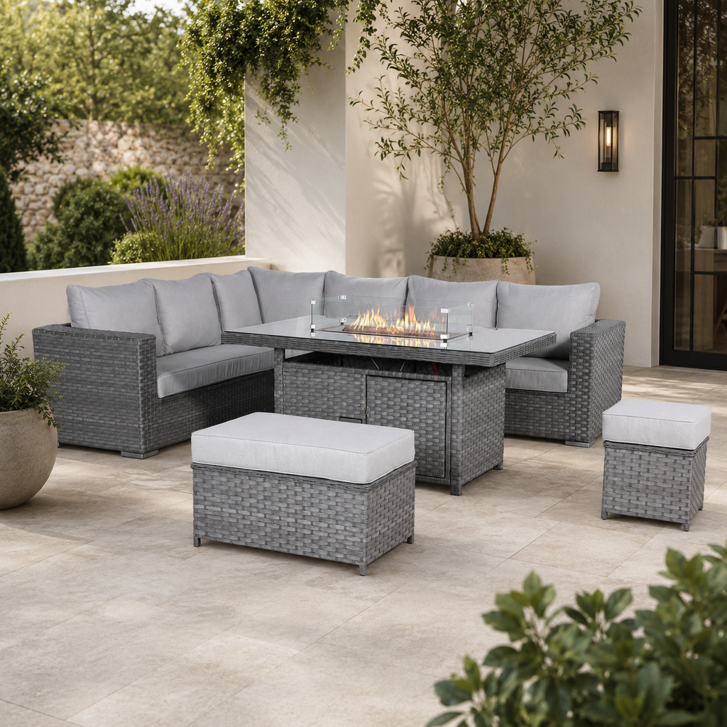Catalina Range Modular Corner Sofa Set with Fire Pit Table in Large Grey Rattan
