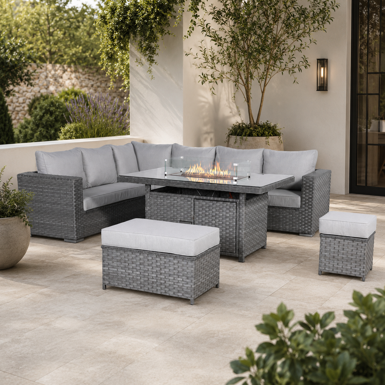 Catalina Range Modular Corner Sofa Set with Fire Pit Table in Large Grey Rattan