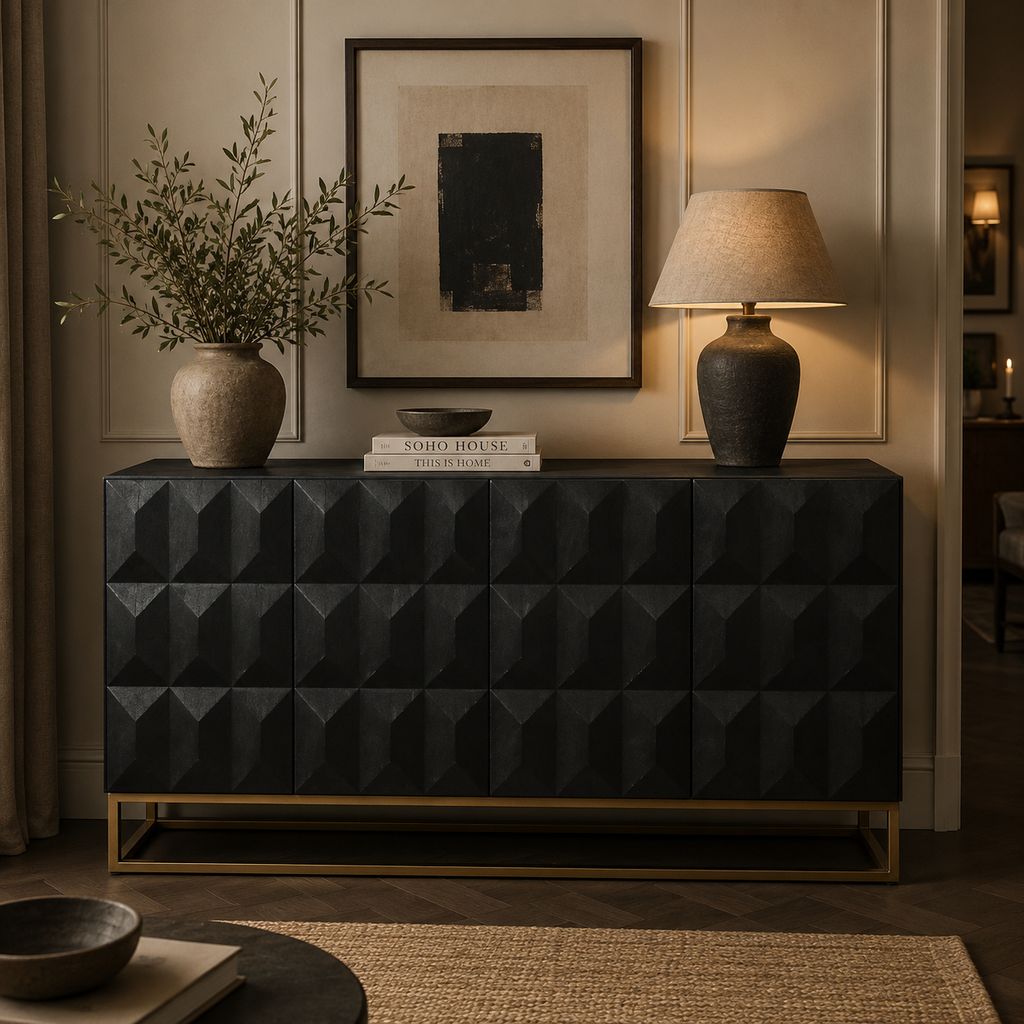 Black Wooden Diamond Pattern Sideboard