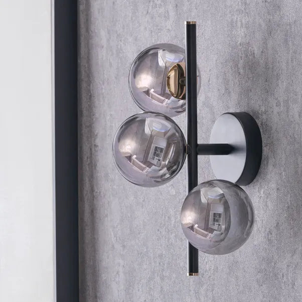 Blair Smoke Glass Ball and Black Metal Wall Light