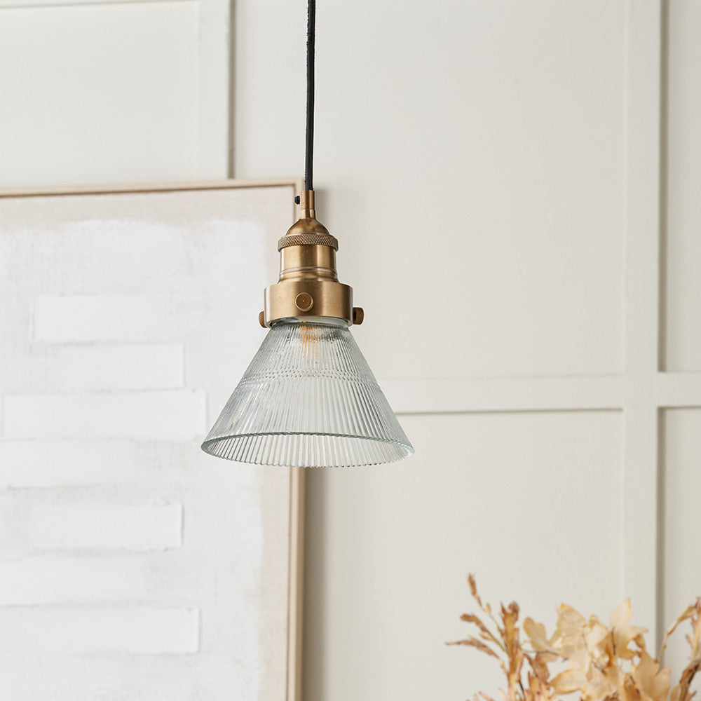 Lenox Conical Ribbed Glass with Antique Brass Fitting Elec Pendant