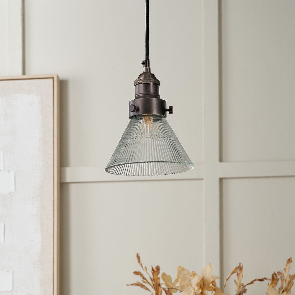 Lenox Conical Ribbed Glass with Antique Bronze Fitting Elec Pendant