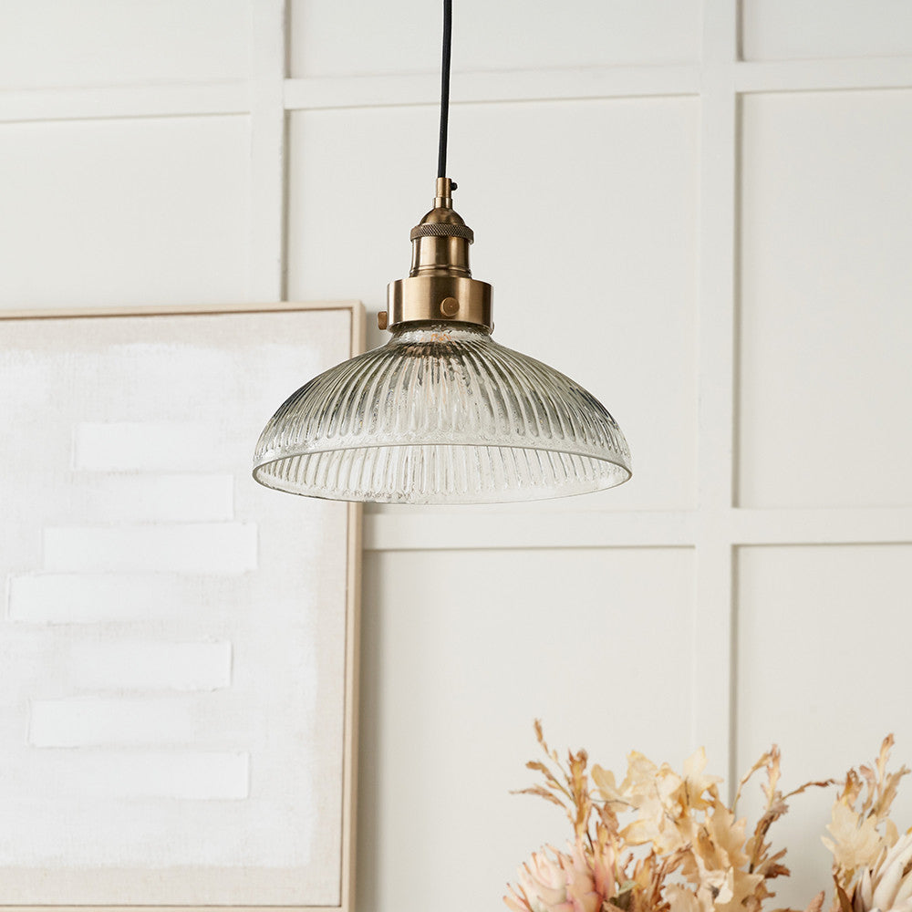 Bowery Large Ribbed Glass with Antique Brass Fitting Elec Pendant