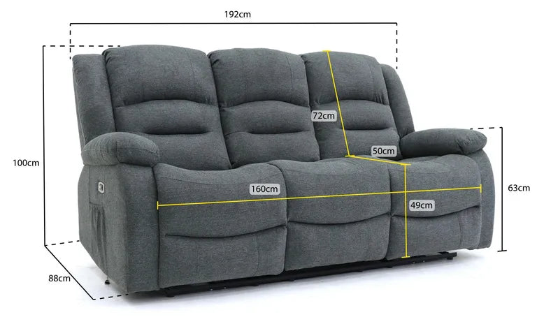 Alva Electric Recliner Sofa Grey 3 Seater