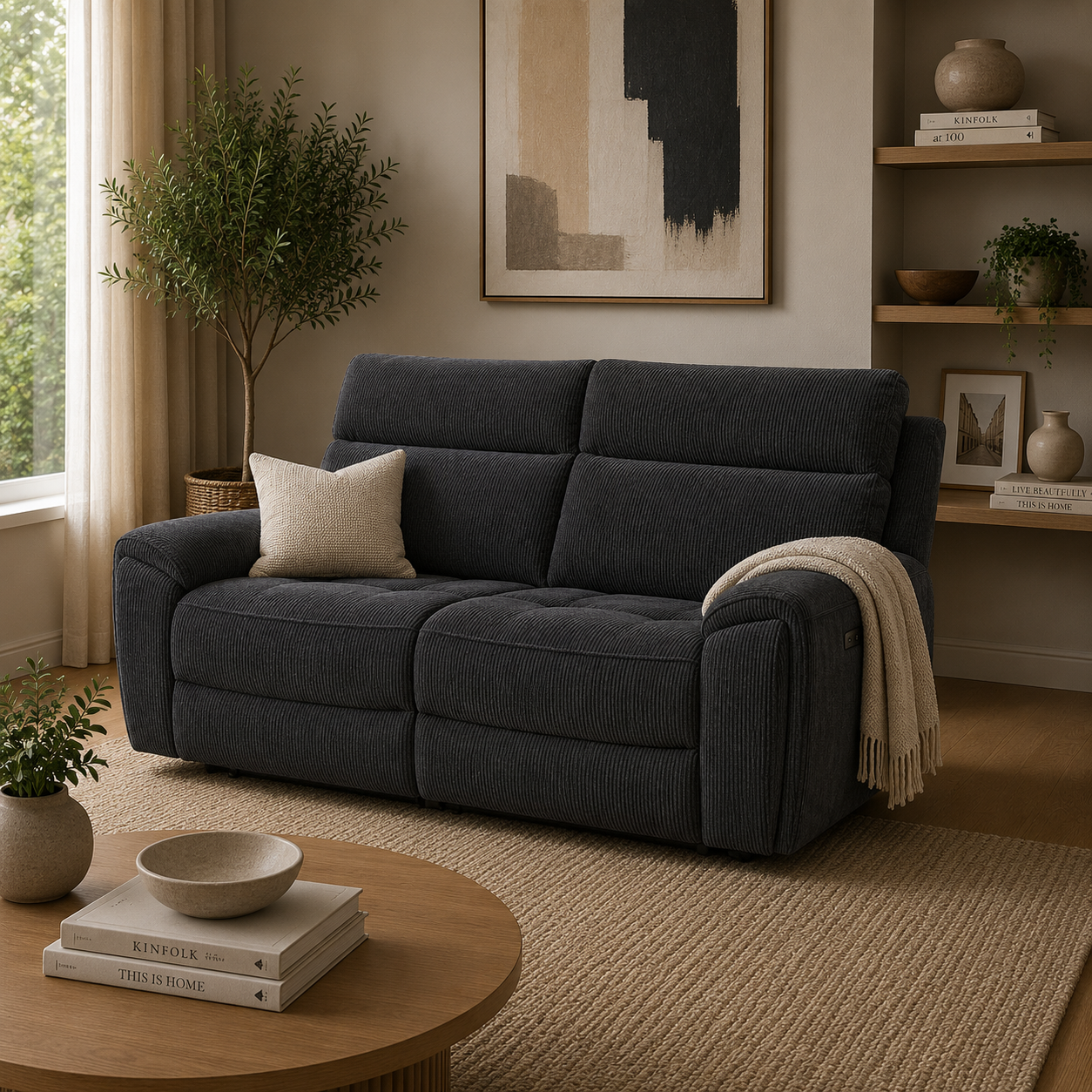 Atlanta Black Lay-Z-Boy Style Fabric Power Recliner 3 Seater Sofa