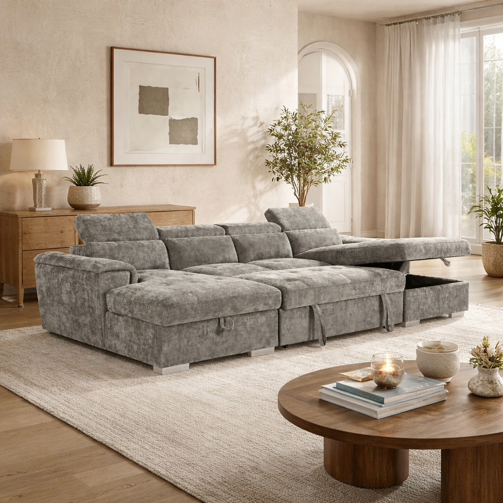 Alaya Large Grey U Shape Sofabed with Storage and Adjustable Headrests Morgan | Malvern | Somerford | Calix | Euphoria | Plush Style