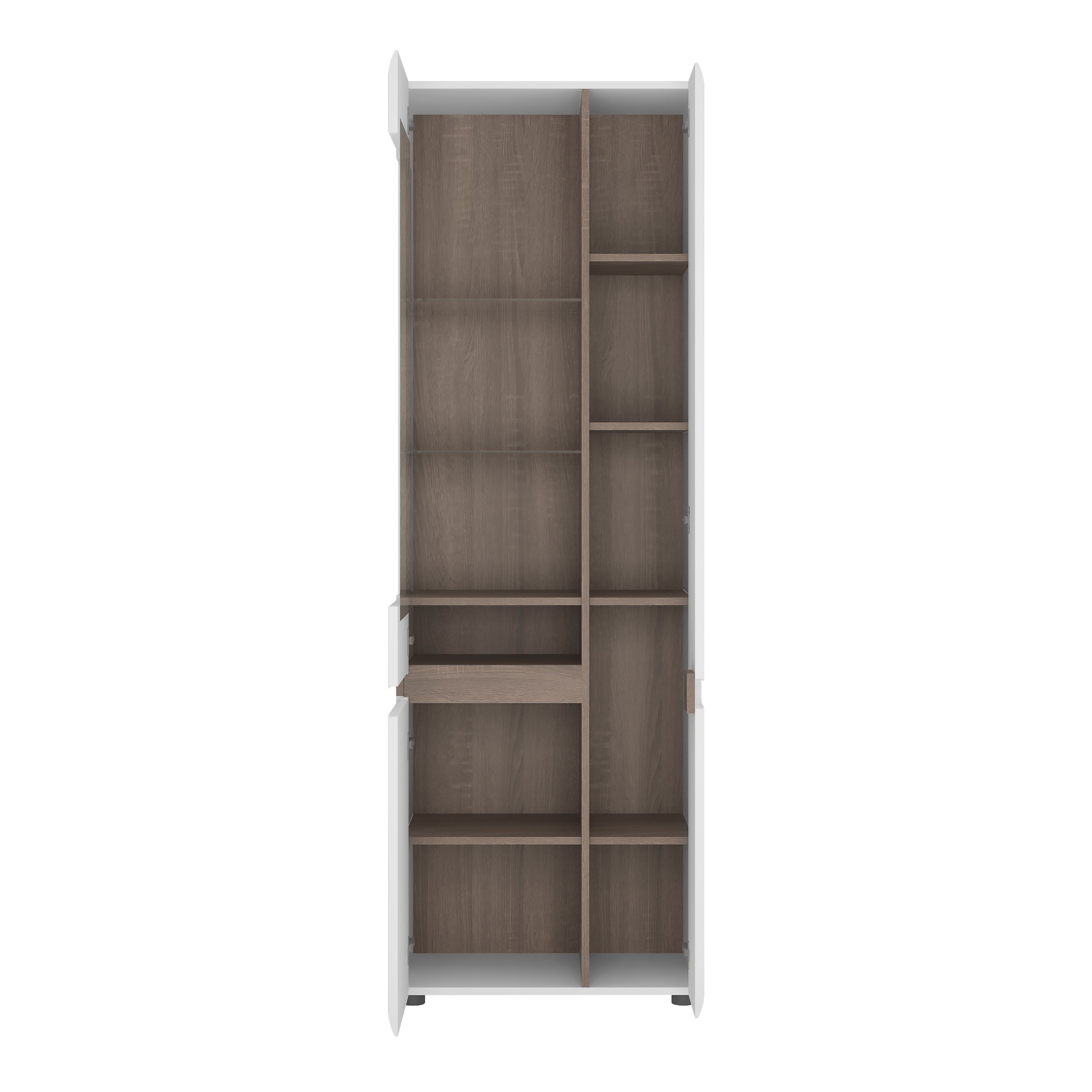 Chelsea Living Tall Glazed Narrow Display Unit (RHD) in White with a Truffle Oak Trim