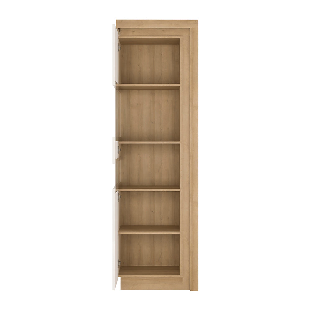 Lyon Tall Narrow Display Cabinet (LHD) in Riviera Oak/White High Gloss